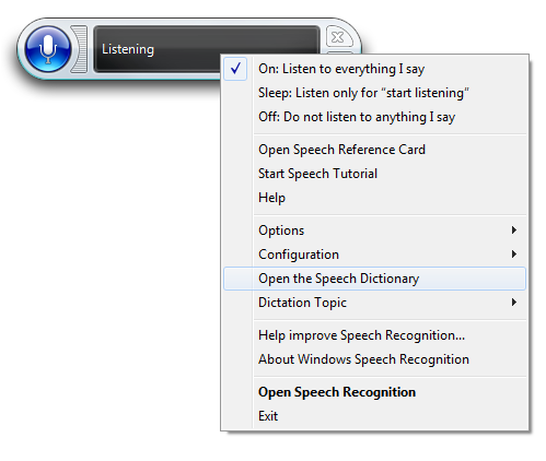 Shared Speech Recognizer context menu