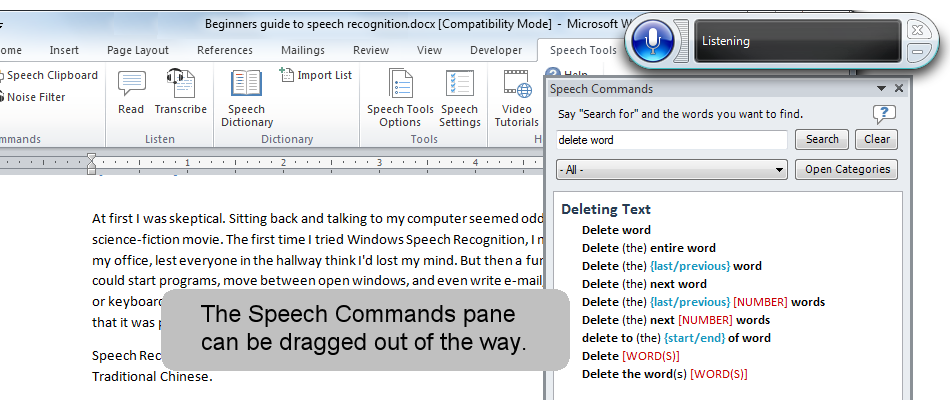 The Speech Commands pane can be dragged out of the way.