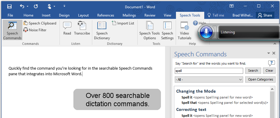 Speech Tools lists over 800 dictation commands inside Microsoft Word.
