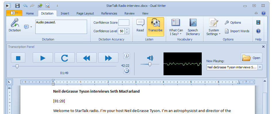 Opening the Transcription Panel displays all the media controls available for transcription.