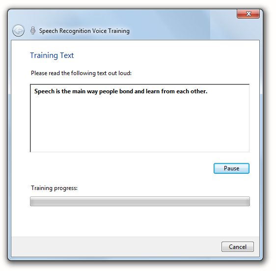 Voice training dialog box in the Speech Recognition Control Panel